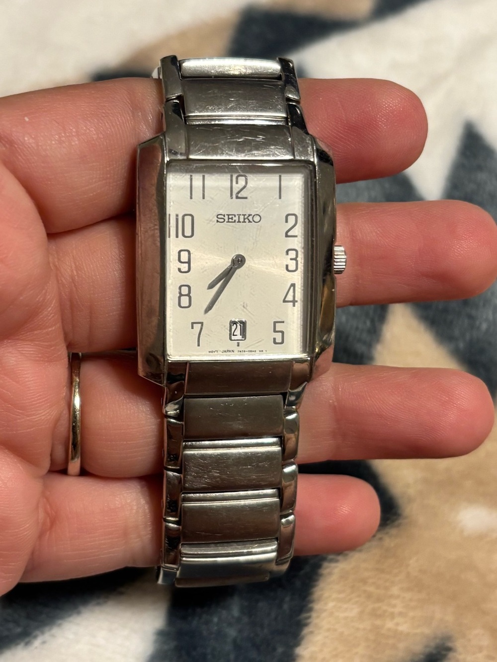 Seiko Silver Rectangular Stainless Steel Watch with White Dial